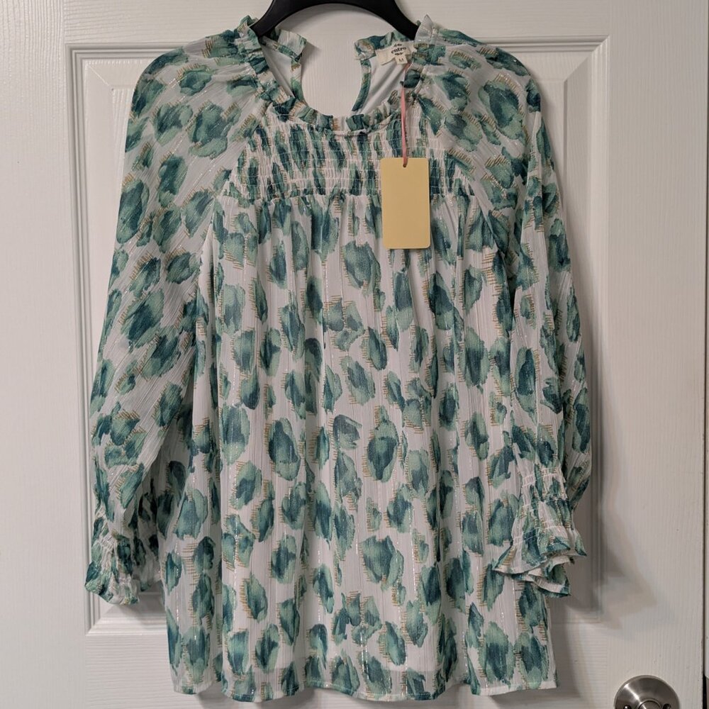 White Green Flutter Blouse 3/4 Sleeve - Medium